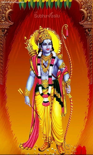 Lord Rama with Bow and Arrow in Traditional Attire on Vibrant Orange Background HD phone wallpaper