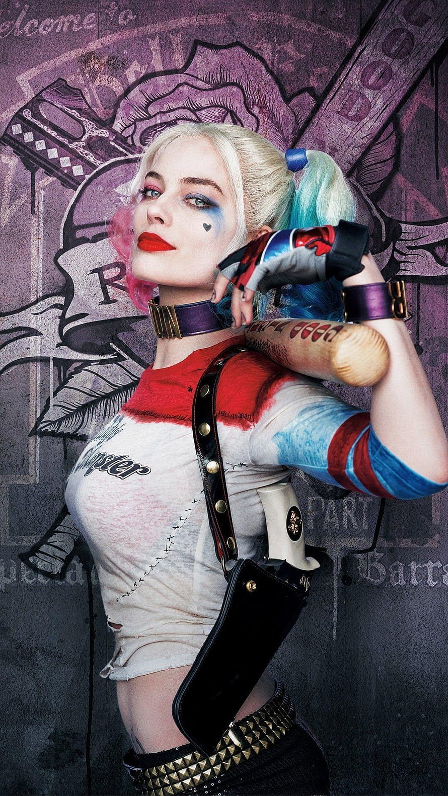 Harley Quinn Suicide Squad Character Portrait with Baseball Bat and Graffiti Wall HD phone wallpaper