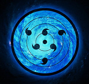 Glowing Blue Sharingan Eye with Six Tomoe on Cosmic Background HD wallpaper