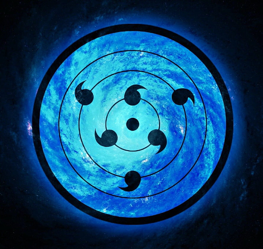 Glowing Blue Sharingan Eye with Six Tomoe on Cosmic Background HD wallpaper