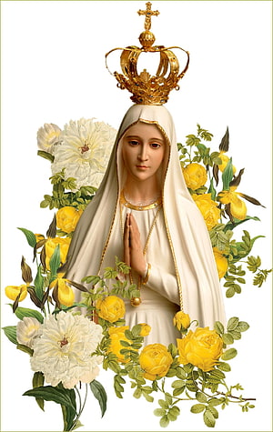 Our Lady of Fatima in White Robes with Golden Crown and Yellow Roses HD phone wallpaper