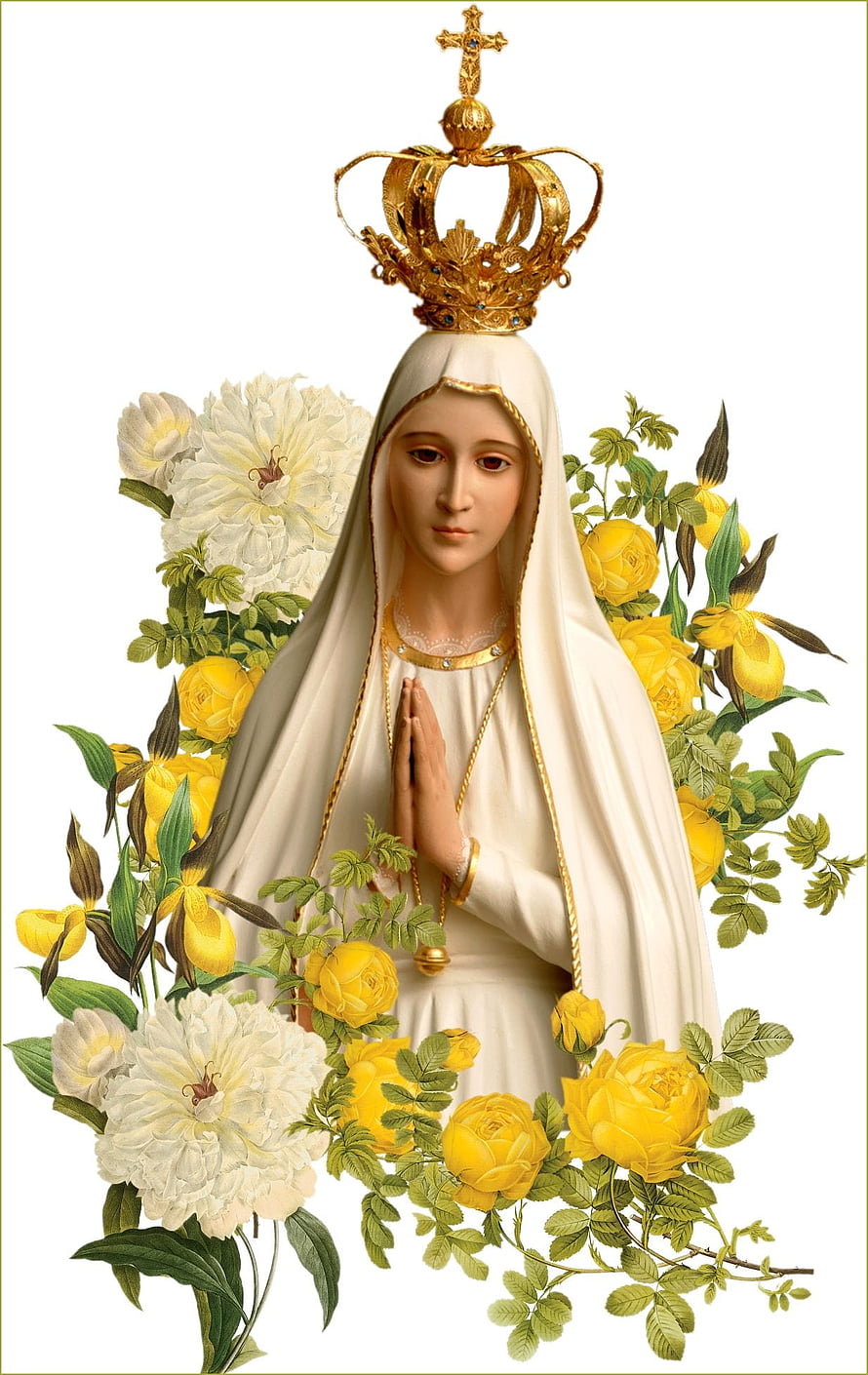 Our Lady of Fatima in White Robes with Golden Crown and Yellow Roses HD phone wallpaper