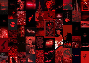 Dark Red Grunge Aesthetic Collage Featuring Skulls, Tarot Cards, and Neon Text Elements HD wallpaper
