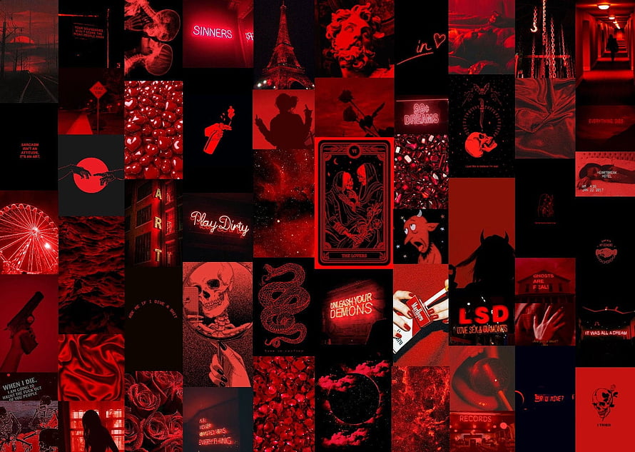 Dark Red Grunge Aesthetic Collage Featuring Skulls, Tarot Cards, and Neon Text Elements HD wallpaper