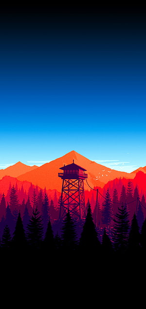 Firewatch Fire Tower at Dusk with Pine Forest and Mountain Silhouette HD phone wallpaper