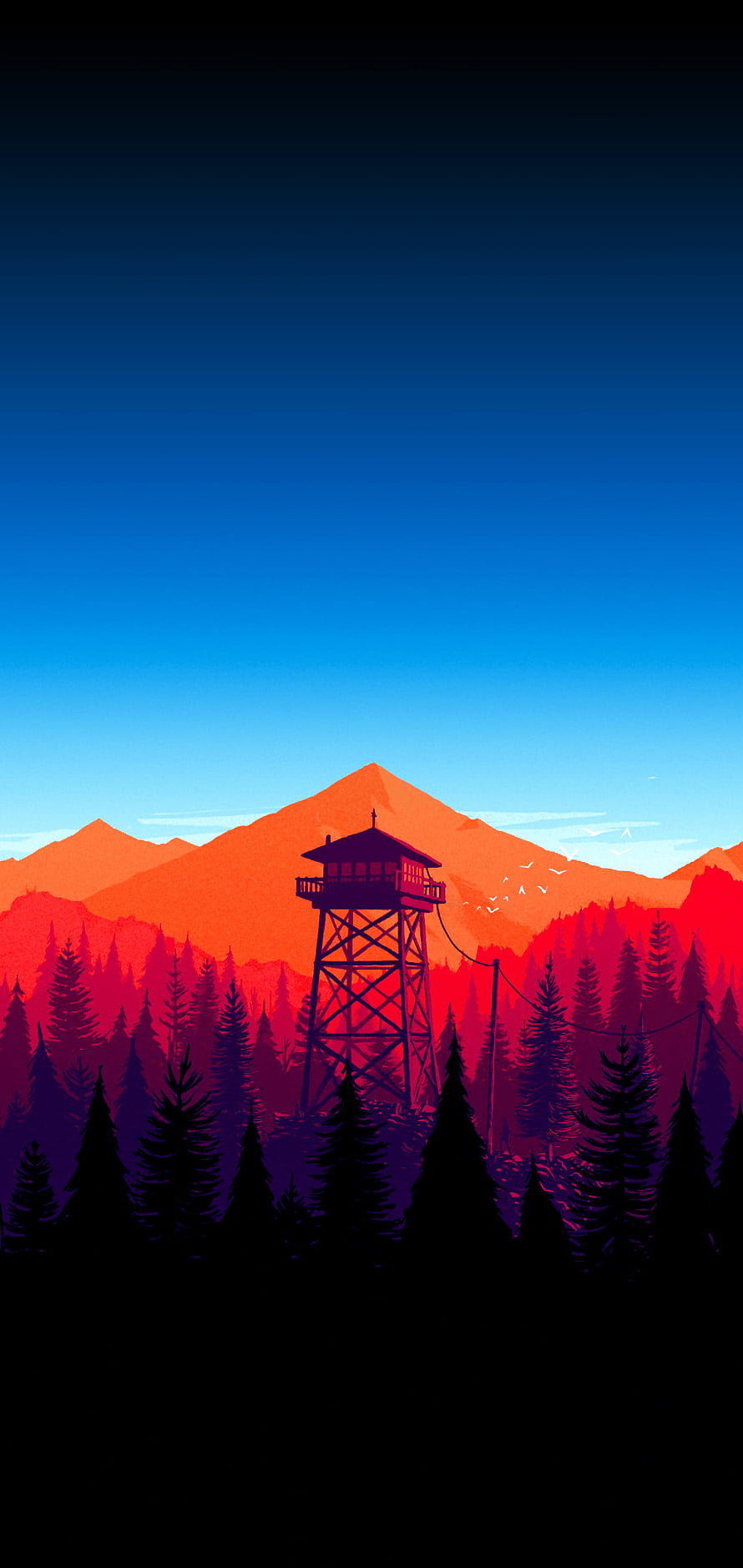 Firewatch Fire Tower at Dusk with Pine Forest and Mountain Silhouette HD phone wallpaper