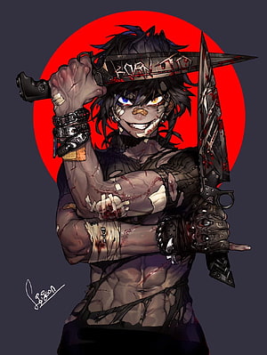 Dark Anime Villain with Heterochromia and Dual Knives Against Red Circle HD phone wallpaper