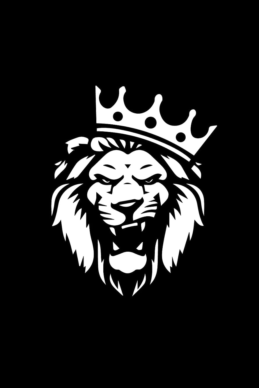 Majestic Lion Head Wearing a Royal Crown in High Contrast Black and White Vector Style HD phone wallpaper