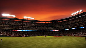 Cricket Stadium Under Dramatic Sunset Sky With Bright Floodlights HD wallpaper