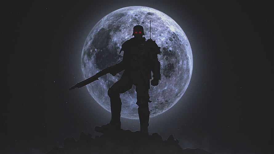 Silhouette of a soldier with glowing red eyes standing before a full moon in Jin-Roh: The Wolf Brigade HD wallpaper