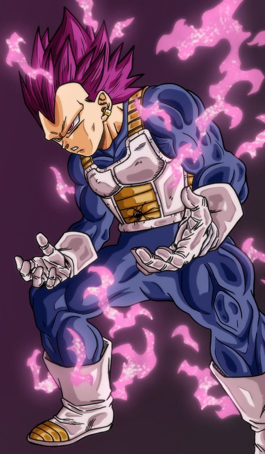Vegeta in Super Saiyan God form with pink energy aura and battle armor HD phone wallpaper