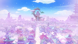 One Piece Wano Country Anime Scenery with Cherry Blossoms and Traditional Architecture HD wallpaper