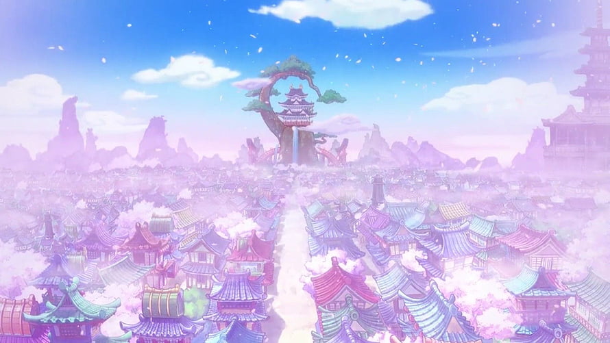 One Piece Wano Country Anime Scenery with Cherry Blossoms and Traditional Architecture HD wallpaper