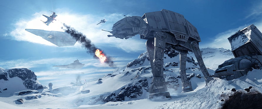 Star Wars AT-AT Walker and Star Destroyer Battle in Snowy Mountains HD wallpaper