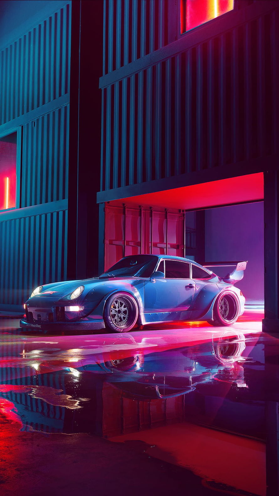 RWB Porsche 911 in Neon Cyberpunk Cityscape with Wet Street Reflections HD phone wallpaper