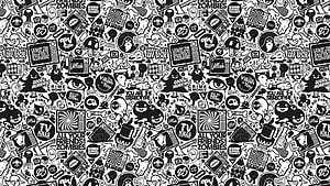 Black and White Doodle Art Pattern with Skulls and Pop Culture References HD wallpaper