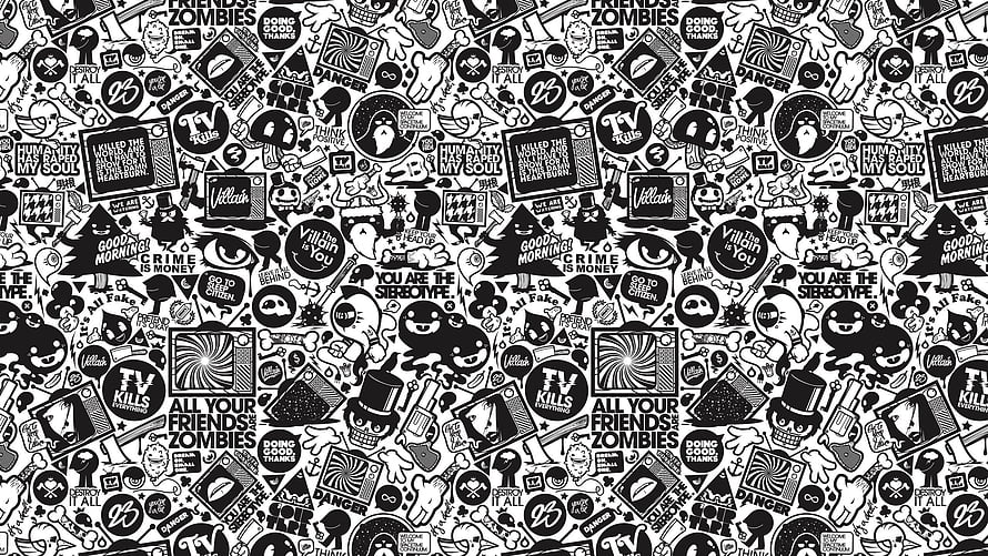 Black and White Doodle Art Pattern with Skulls and Pop Culture References HD wallpaper