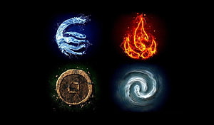 Four Elemental Symbols: Water, Fire, Earth, and Air on Black Background HD wallpaper
