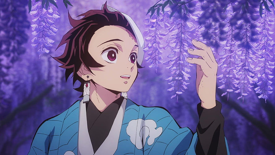 Tanjiro Kamado from Demon Slayer Reaching Toward Wisteria Blossoms in a Serene Purple Garden HD wallpaper