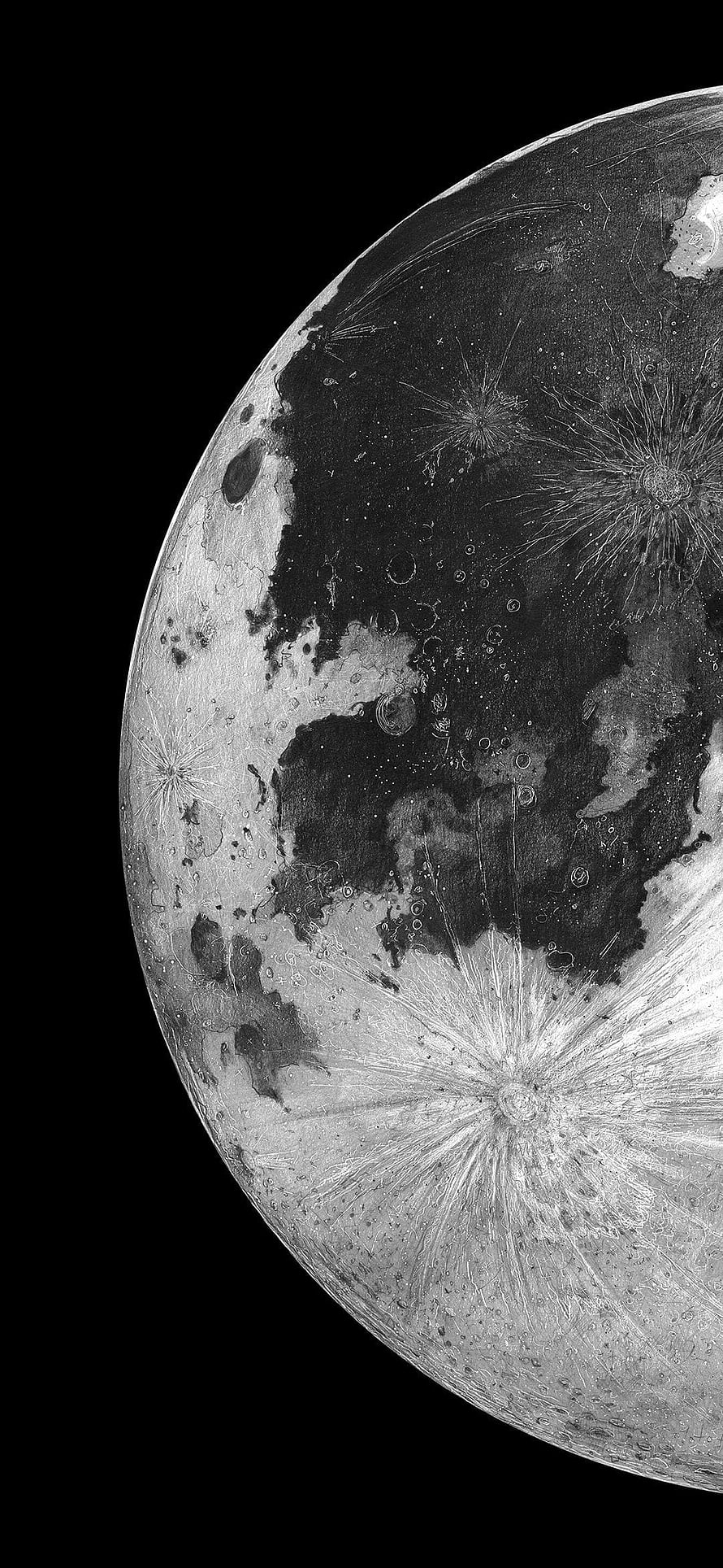 Detailed Lunar Surface Close-Up with Craters and Mare Regions in Black and White HD phone wallpaper