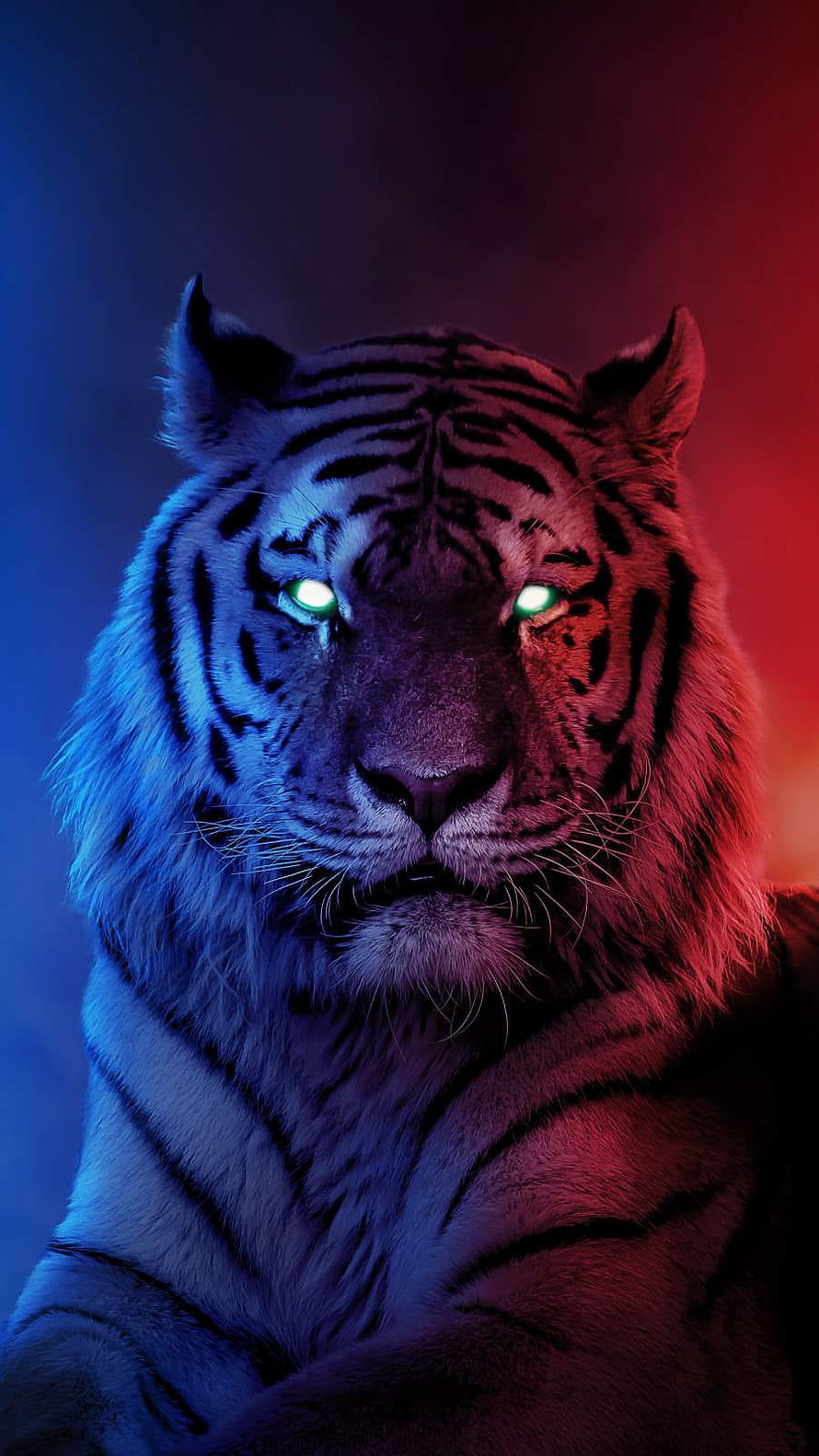 Majestic Tiger Portrait with Glowing Eyes and Neon Blue Red Lighting HD phone wallpaper