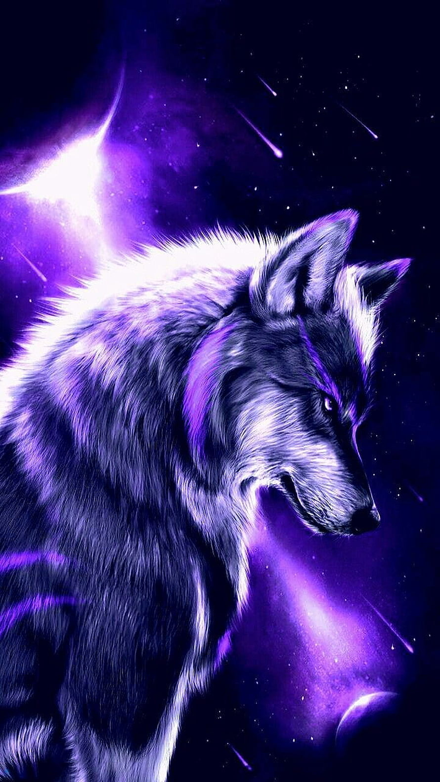 Majestic Wolf Portrait Against a Vibrant Purple Cosmic Nebula Background HD phone wallpaper