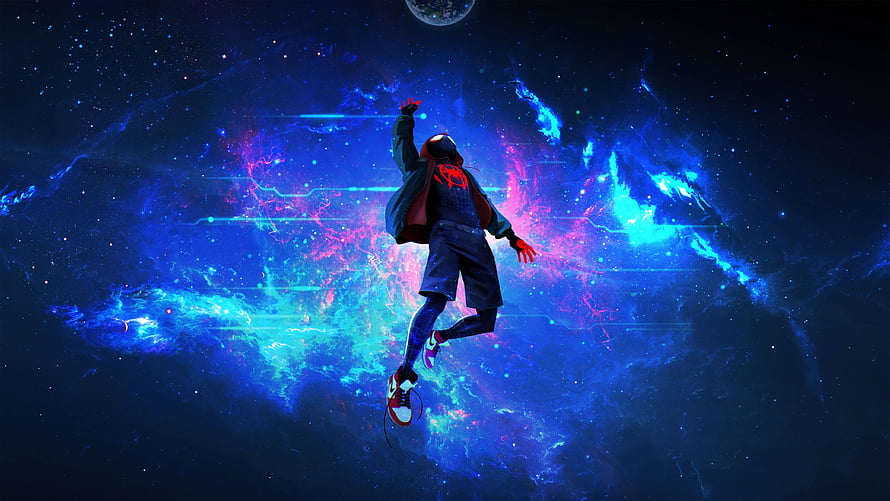 Miles Morales Spider-Man Floating in a Vibrant Cosmic Nebula HD wallpaper