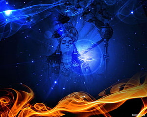Lord Vishnu Divine Portrait with Cosmic Blue Light and Orange Flame Swirls HD wallpaper