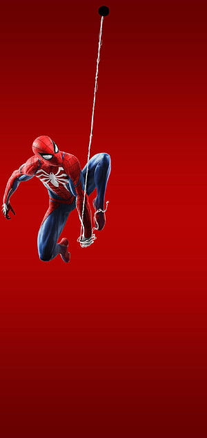 Spider-Man Swinging on Web Against Bold Red Background, Middle Punch Hole HD phone wallpaper