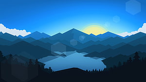Flat 2D Mountain Landscape with Lake and Pine Forest at Sunset HD wallpaper