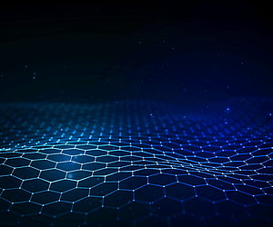 Glowing Blue Hexagonal Graphene Lattice on Dark Digital Background HD wallpaper
