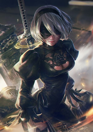 Nier Automata 2B in Dark Armor with Katana and Blindfold HD phone wallpaper