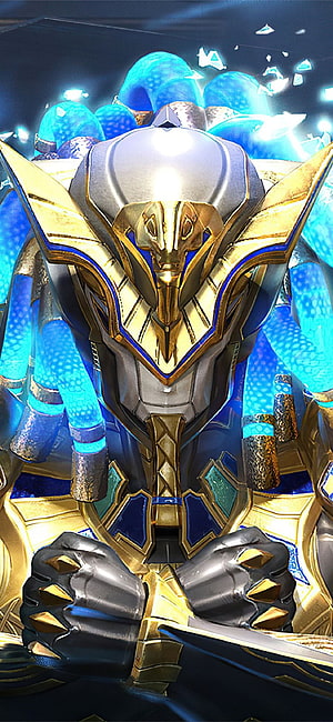PUBG Golden Pharaoh X Suit Character in Ornate Gold and Blue Armor HD phone wallpaper
