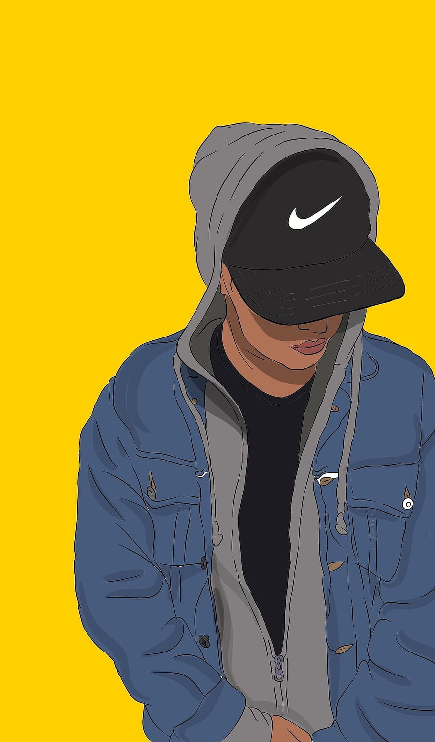 Stylish Illustrated Boy in Nike Cap and Hoodie on Yellow Background HD phone wallpaper