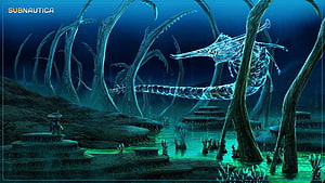 Subnautica Bioluminescent Leviathan in Deep Ocean Forest HD wallpaper