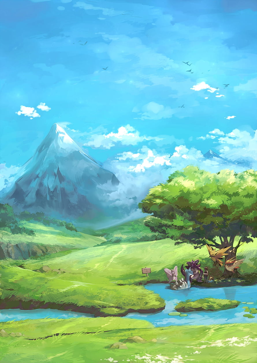 Satoshi and Pokémon in a Serene Grassland Landscape with Snow-Capped Mountain HD phone wallpaper