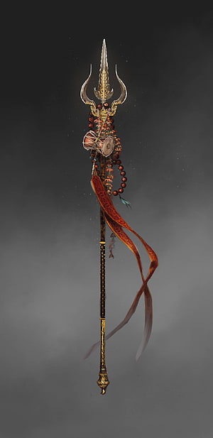 Ornate Shiva Trishul with Sacred Drum and Flowing Red Ribbons on Dark Background HD phone wallpaper