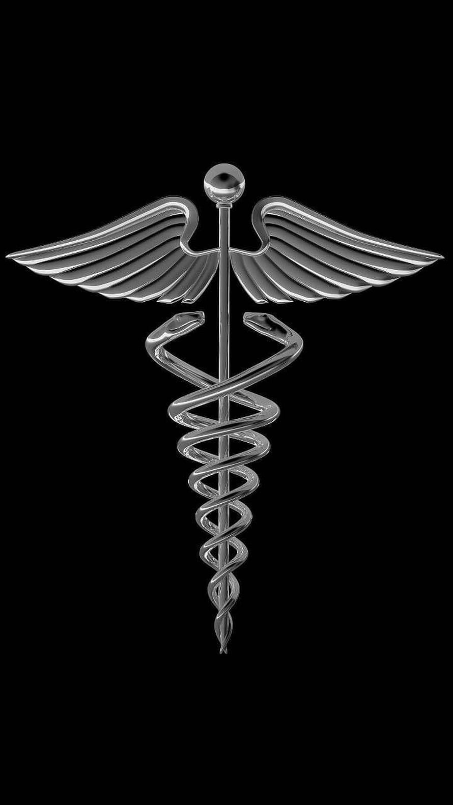 Sleek Silver Caduceus Medical Symbol with Wings and Twin Serpents on Black Background HD phone wallpaper