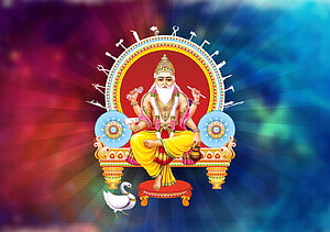 Vishwakarma Deity Seated on Ornate Throne with Tools and Swan HD wallpaper