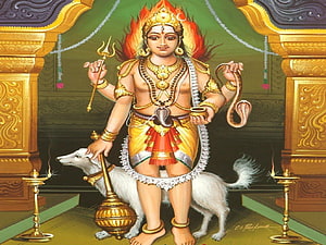 Kaal Bhairav deity illustration with trident, snake, and white dog in ornate temple setting HD wallpaper