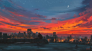 Cinematic Digital Art of a Couple Silhouetted Against a Vibrant Sunset City Skyline HD wallpaper
