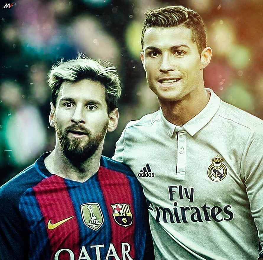 Lionel Messi and Cristiano Ronaldo in Club Jerseys Side by Side HD wallpaper