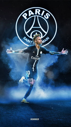 Neymar Jr. in Paris Saint-Germain Kit with Arms Outstretched in Dramatic Blue Smoke HD phone wallpaper