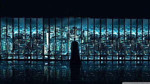 Batman Silhouette Overlooking Gotham City at Night from a High-Rise Penthouse HD wallpaper