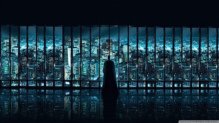 Batman Silhouette Overlooking Gotham City at Night from a High-Rise Penthouse HD wallpaper