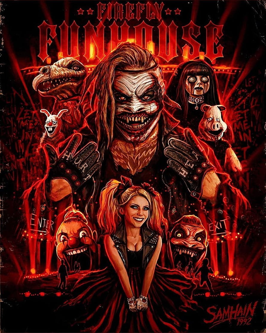 Bray Wyatt Firefly Funhouse Horror Poster with Roman Reigns and Monster Masks HD phone wallpaper