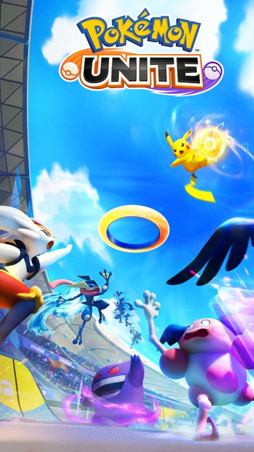 Pokémon Unite promotional artwork featuring Pikachu, Gengar, and other characters in dynamic action HD phone wallpaper
