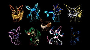 Eevee Evolution Lineup Artwork Featuring All Forms on Black Background HD wallpaper