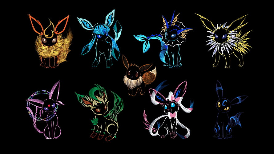 Eevee Evolution Lineup Artwork Featuring All Forms on Black Background HD wallpaper