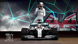 Lewis Hamilton in Mercedes Petronas F1 Car with British Flag and Neon Geometric Background HD wallpaper